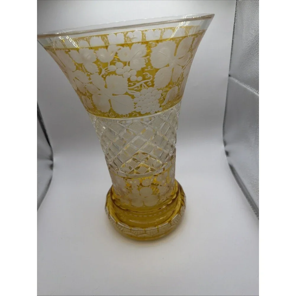 Vintage Bohemian Crystal Cut To Clear Vase Amber Circa 1900s Gorgeous Heavy Rare - Picture 4 of 6